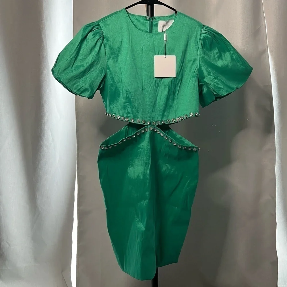Band of Stars Green Puff Sleeve Rhinestone Cutout Dress Size 8 - Picture 5 of 13